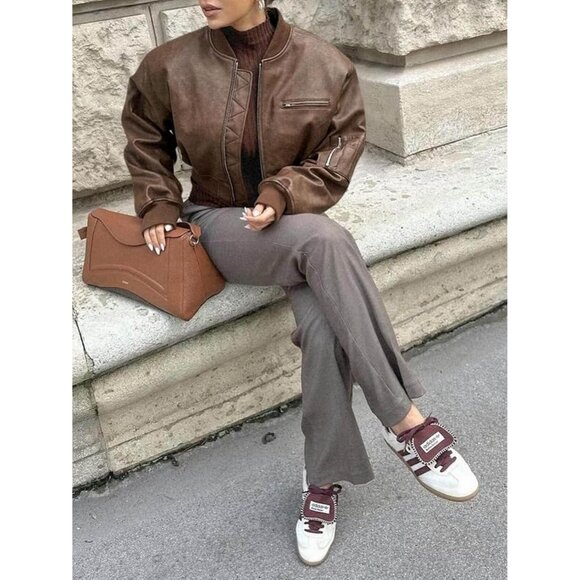 Women Brown Faux Leather Cropped Bomber Jacket Baseball Collar Zip Up - Picture 6 of 7